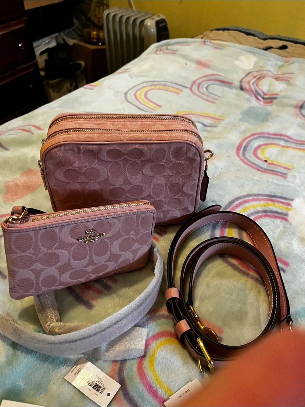 Coach Pink Signature Denim Carey Mini Bag And Wristlet - Picture 2 of 16